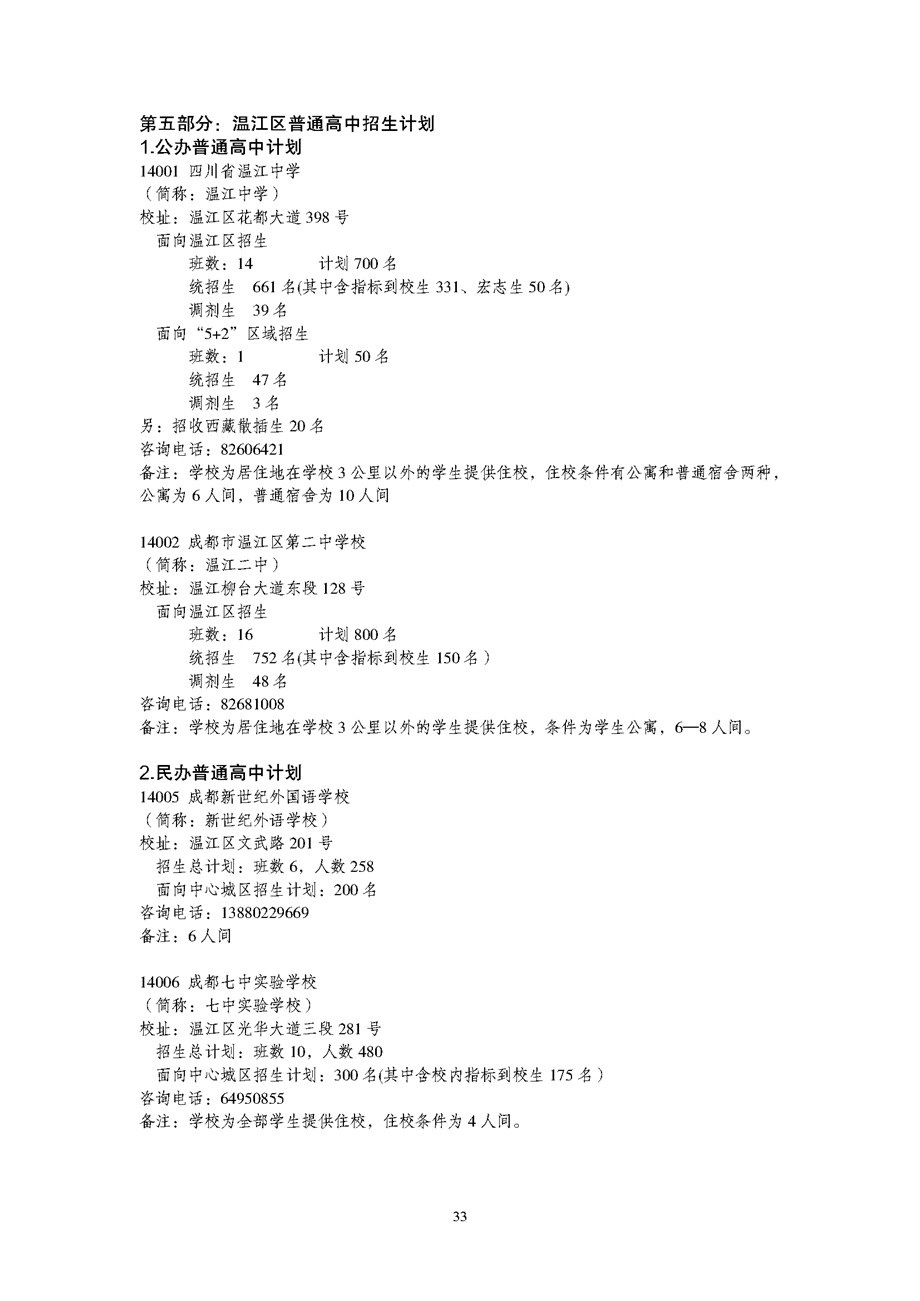 成都溫江區(qū)2019年高中招生計劃表